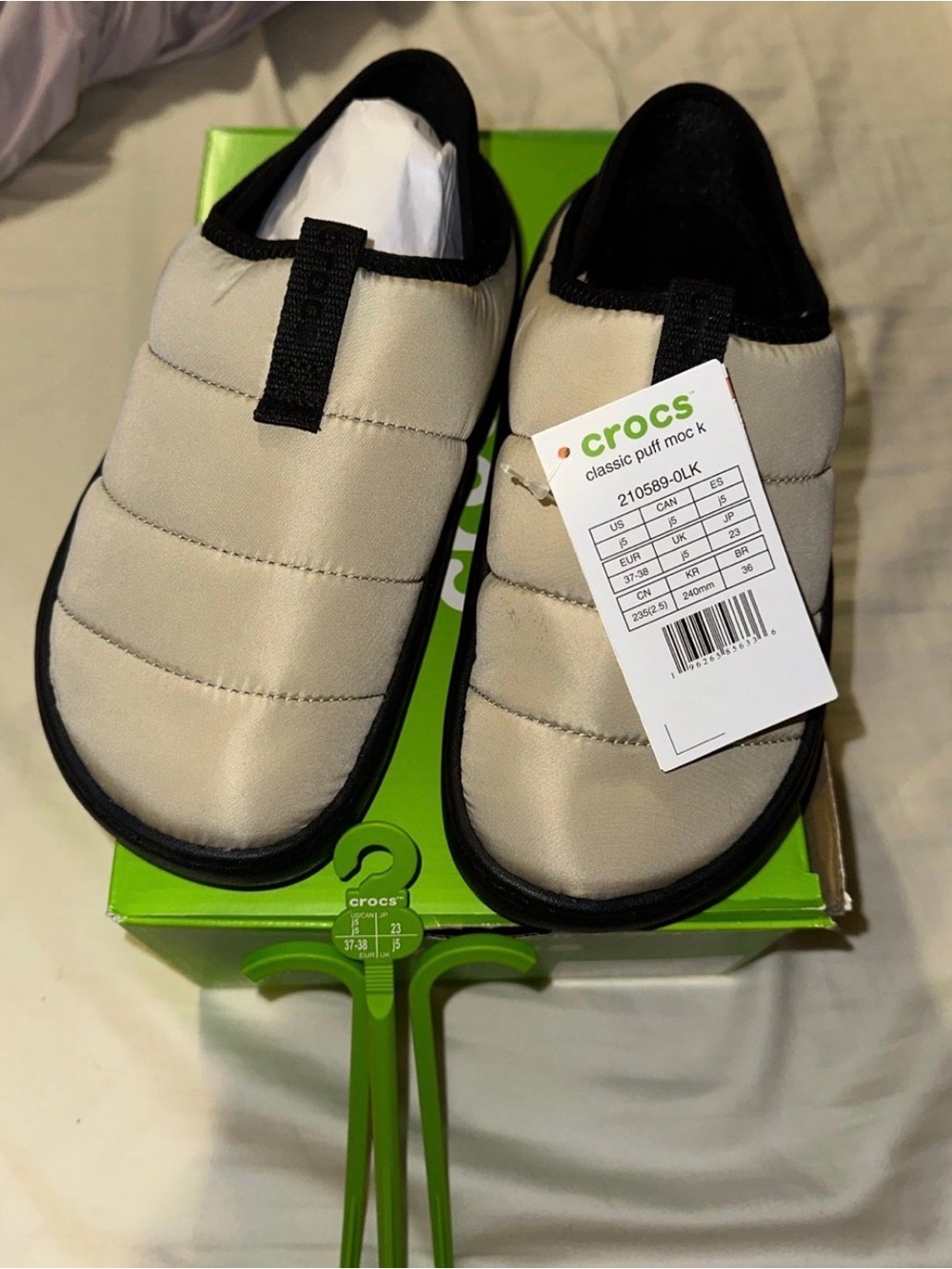 CROCS Kids Classic Puffer Slip-On in Beige and Black